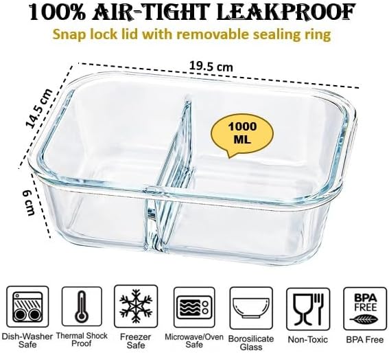 Atraux 2 Compartments Airtight Glass Food Storage Containers, Meal Prep Lunchboxes With Pink Lids - 1000ml (Pack Of 6)