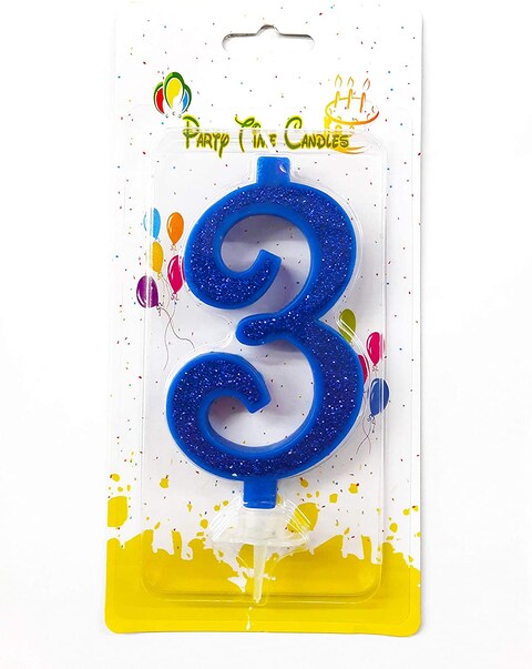 Party Time Glittery Blue Number 3 Birthday Candle Kids Adult Birthday Cake Decoration - Number Candle For Anniversary, Valentines Birthday Candle Cake Topper