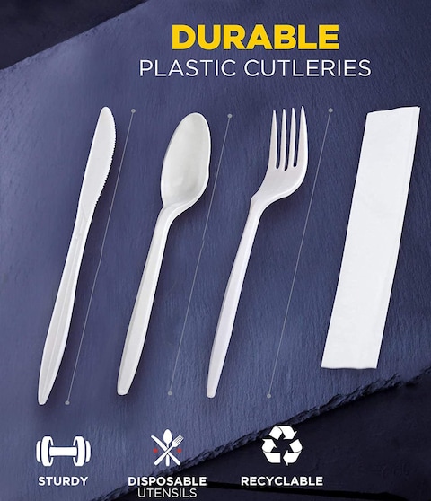 Markq [50 Pack] White Plastic Cutlery Set with Napkin - Heavy Duty Knife Fork Spoon Napkin Set -Disposable Cutlery Set