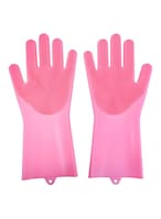 Buy Generic Pair Of 2 Magic Silicone Dish Washing Gloves Set Rose Red 16cm in UAE