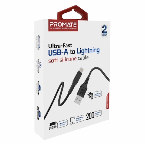 Promate Lightning To USB-A Data Sync And Charging Cable 2m Black