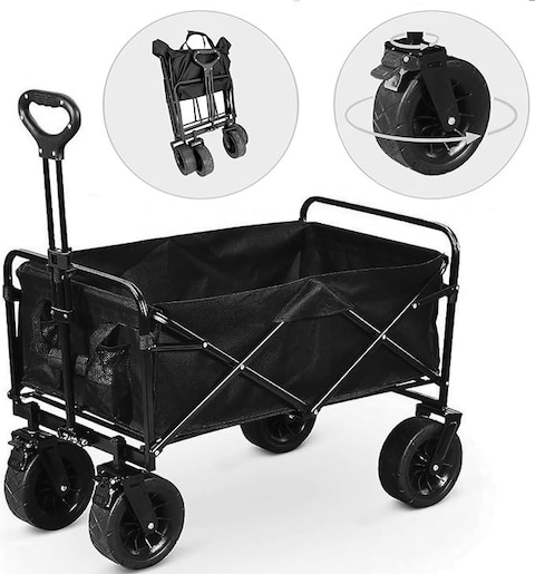 HEXAR&reg; Heavy Duty Shopping Trolley Folding Multi-Functional Portable Utility Wagon Beach Trolley Storage Basket Outdoor Camping Garden Cart with Adjustable Handle (ALL TERRAIN WIDE WHEELS - BLACK)