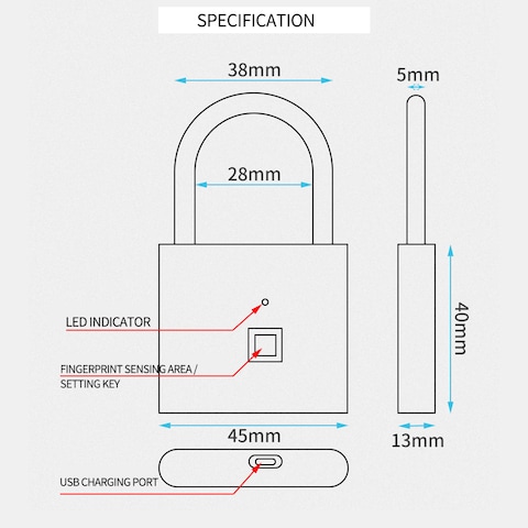 Decdeal - Smart Fingerprint Padlock Small Size Padlock Cabinet Fingerprint Lock Dormitory Anti-theft Lock O10 Black