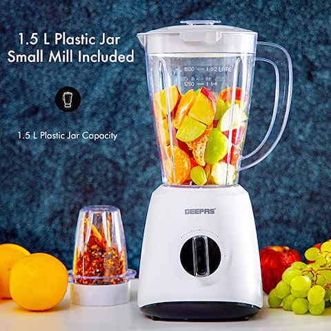 Geepas Gsb44027 500W 2 In 1 Multifunctional Blender | Stainless Steel Blades, 2 Speed Control With Pulse | 1.5L Jar, Interlock Protection| Ice Crusher, Chopper, Coffee Grinder &amp; Smoothie Maker