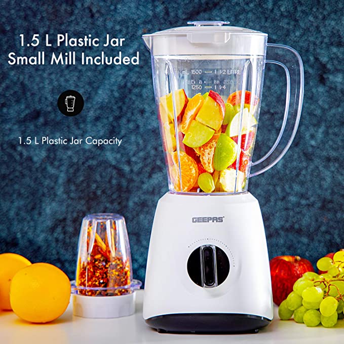 Geepas Gsb44027 500W 2 In 1 Multifunctional Blender | Stainless Steel Blades, 2 Speed Control With Pulse | 1.5L Jar, Interlock Protection| Ice Crusher, Chopper, Coffee Grinder &amp; Smoothie Maker