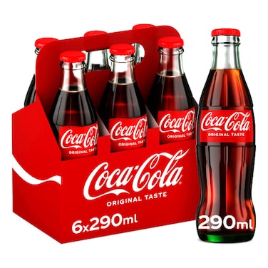 Coca-Cola Original Taste Carbonated Soft Drink Glass Bottle, 290ml Pack of 6