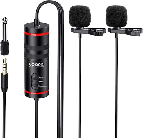 COOPIC CP-KK1 Pro Dual Lavalier Omni-directional Lavalier Mic Lapel Clip-on Condenser Microphone for Camera, DSLR, laptop, Guitar, interview, YouTube, Rap, and Vlog