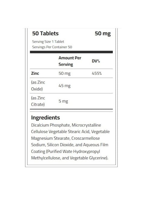 Body Builder Zinc, 50mg, Antioxidant Support, Muscle Growth &amp; Repair, Strengthen The Immunity System, 50 Tablets