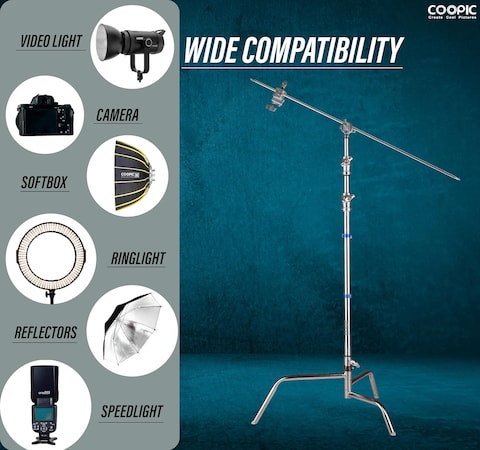 COOPIC King Series 100% Stainless Steel Heavy Duty C Stand with Boom Arm, Max 157cm Photography Light Stand with 56cm Holding Arm, 2 Grip Head for Studio Mono light, Soft box, Reflector(K20)