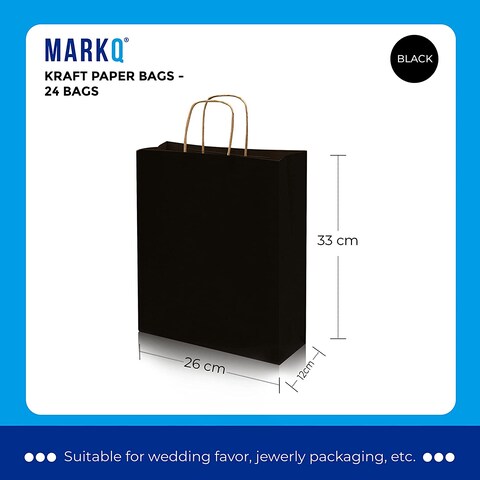 Markq Black Paper bags with handles 33 x 26 x 12 cm Large Kraft Gift bags for Birthday Party Supplies, Weddings, Shopping, Presents (12 Bags)