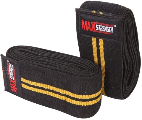 Max Strength Knee Wraps Weight Lifting Heavy Duty Elasticated Knee Support Straps Velcro Closure Home Gym Training Workout Black/Yellow