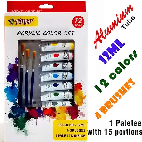 lavish Tiptop 12 Color Acrylic Paints with Brushes &amp; Palette Paint Set