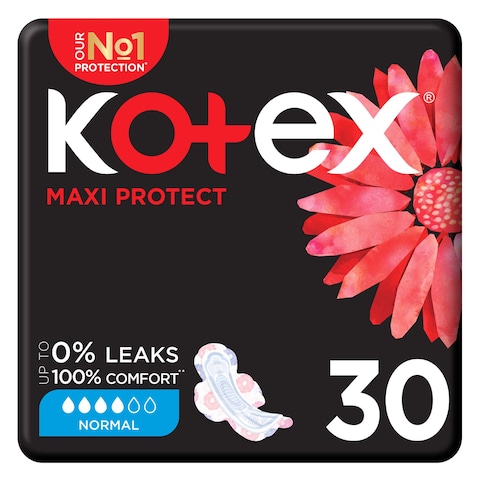 Kotex Maxi Protect Thick Pads, Normal Size Sanitary Pads with Wings, 30 Sanitary Pads