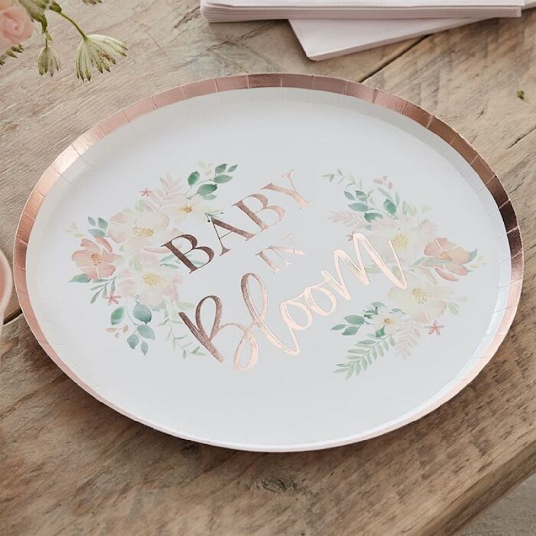 Ginger Ray Baby In Bloom Foiled Baby Shower Floral Plate- 24.5 cm Diameter- White