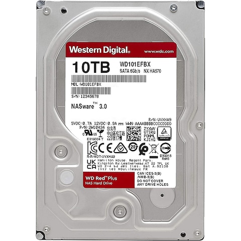 WD Red Plus 10TB NAS Hard Disk Drive - 7200 RPM Class SATA 6Gb/s, CMR, 256MB Cache, 3.5 Inch - WD101EFBX