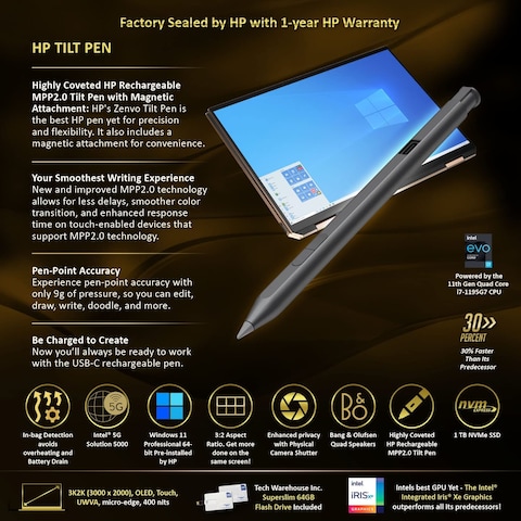 HP Spectre x360 Luxury 14T, 13.5&quot; 3:2 3K2K OLED UWVA Touch, Intel i7-1195G7, 16GB RAM, 1TB NVMe SSD, Intel 5G Sim Slot, B&amp;O Audio, Fingerprint, HP Tilt Pen, Win 11 Pro, 64GB TechWarehouse Flash Drive
