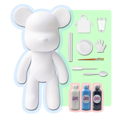DIY CREATE YOUR OWN UNIQUE ACRYLIC FLUID POURING PAINT BEAR (9 inch - 23 cm) COMPLETE SET, colors: White, Light-Blue, Black. Arts and Crafts, Customize Handmade Creative Birthday Gift