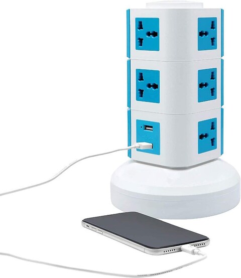 3 Layers Extension Outlet With 2 USB Ports, Universal Vertical Multi Socket, 2.8M Cord and UK-Plug Multi Charging Station (Blue)