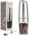Fitto Gravity Electric Pepper Mill, Battery Operated, Automatic Salt Mill with Blue LED Light, One Handed Operation, Adjustable Coarseness, Silver