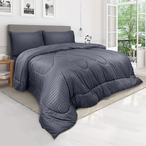 Hotel Linen Klub Down Alternative Comforter Set -Ultra Soft Brushed Stripe Microfiber Fabric, 200GSM Soft Fibersheet Filling, Size: Double 220 x 240cm, Color: Dark Grey