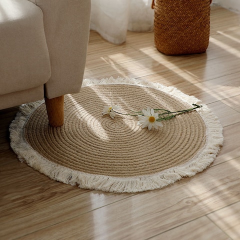 Hand Woven Jute Tassel Round Living Room Carpet With Anti Slip Bottom (Size 80CM)