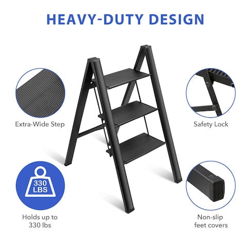 HEXAR&reg; Multipurpose Step Ladder Folding Ladder with Anti-Slip Pedal Folding Step Stool Portable Lightweight Foldable Stepladder for Home Kitchen Library Office 150 KG Capacity (3 STEPS)