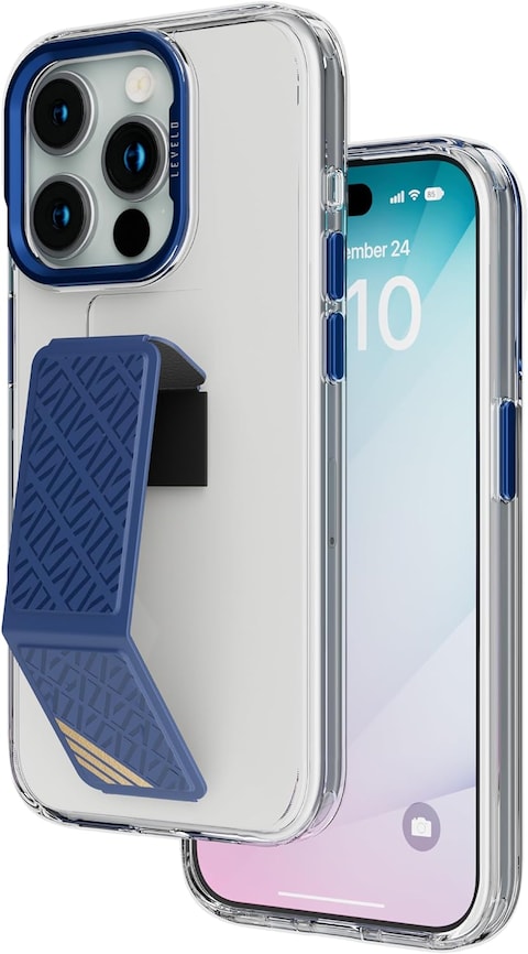 Levelo Morphix Clara Grip Case For iPhone 15 Pro: Reinforced Corners, Premium Leather Kickstand Grip, Shock-Proof Edges, And Multi-Positioning Modes For Ultimate Protection And Convenience (Blue)
