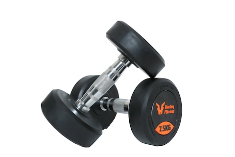 HARLEY FITNESS 7.50KG PREMIUM GENIUNE RUBBER COATED BOUNCING ROUND DUMBBELLS - PAIR