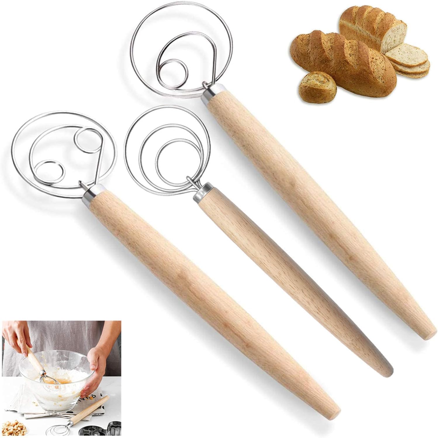 Atraux Stainless Steel Danish Dough Whisks Set, Dutch Mixing Whisks For Kitchen Baking Tools