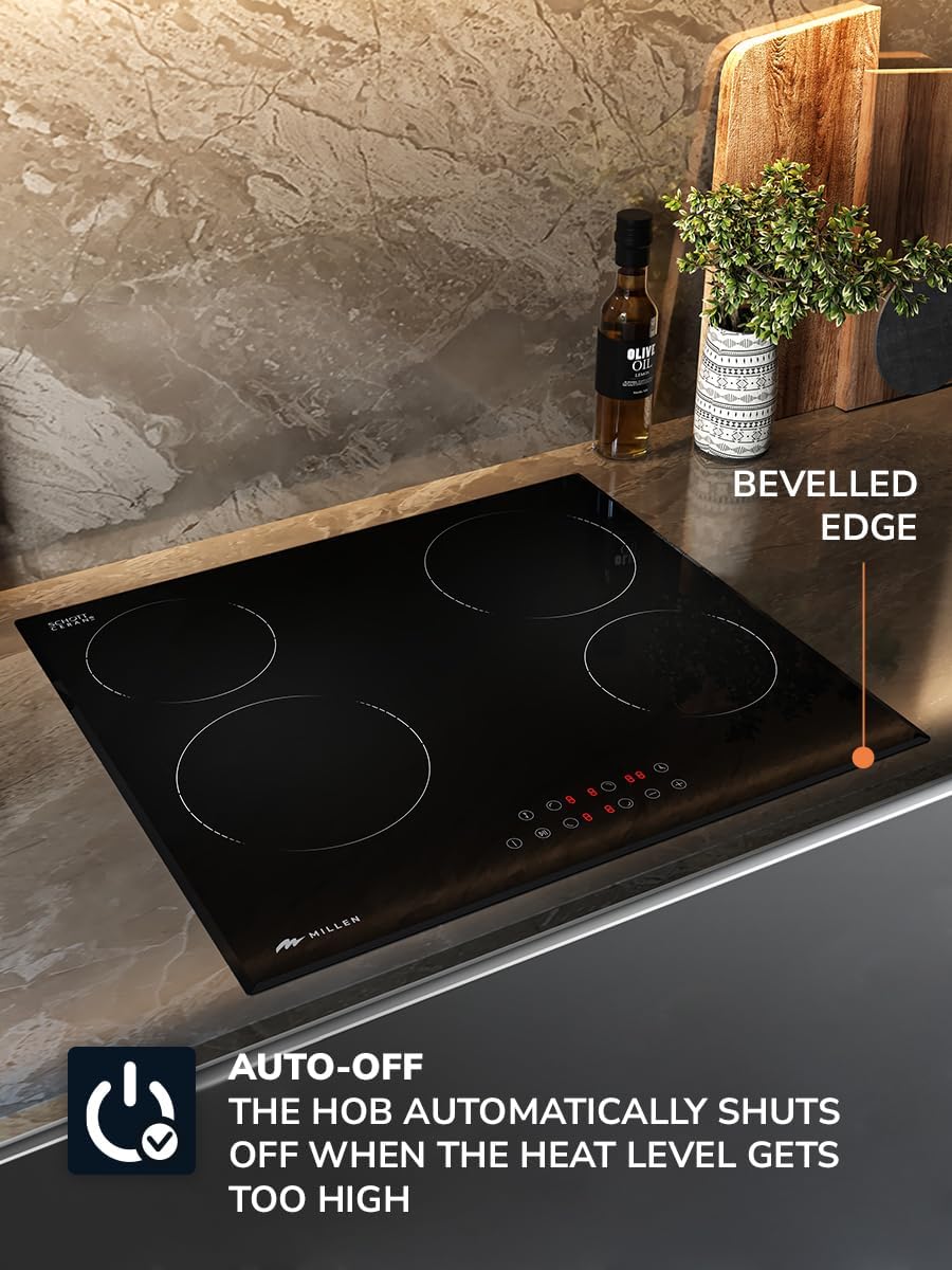 MIILLEN Built in Electric hob, 60 cm Black Glass, 4 Heating Zones, 6000W, Touch Control, MEH 601 BL, 3 Year Warranty