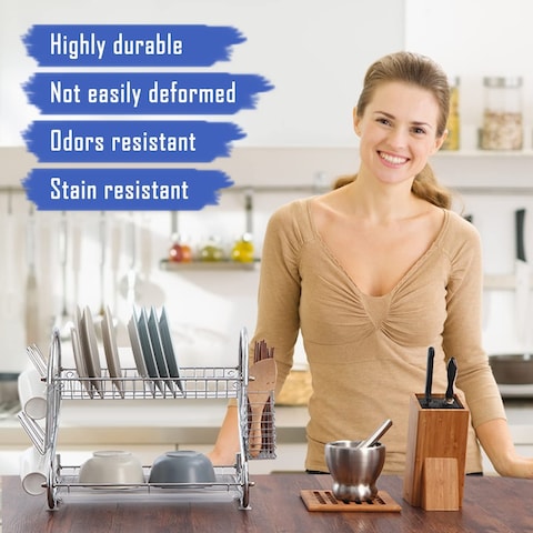 Aoguzhao 2 Tier Stainless Steel Dish Rack Metal Dish Drainer With Removable Drain Board And Utensil Holder Cup Holder Dish Drainer For Kitchen Counter Top