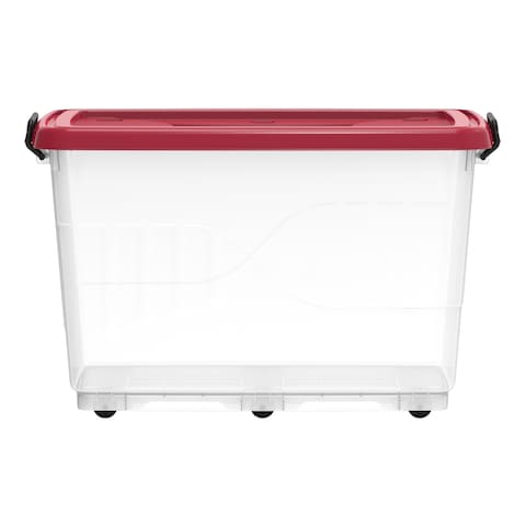 Cosmoplast Plastic Storage Box With Wheels And Lockable Lid Red And Clear 132L