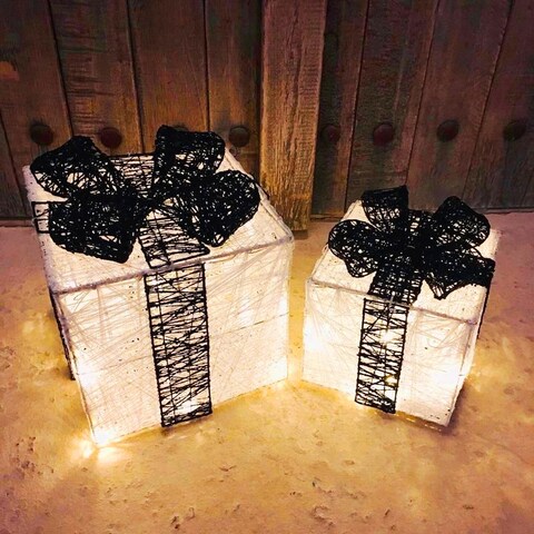 2-Piece Light Up Gift Boxes White &amp; Black Colour Warm LED Fairy Lights Openable Top Cover