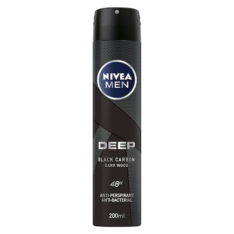 NIVEA MEN Antiperspirant Spray for Men Deep Black Carbon Antibacterial Dark Wood Scent 200ml