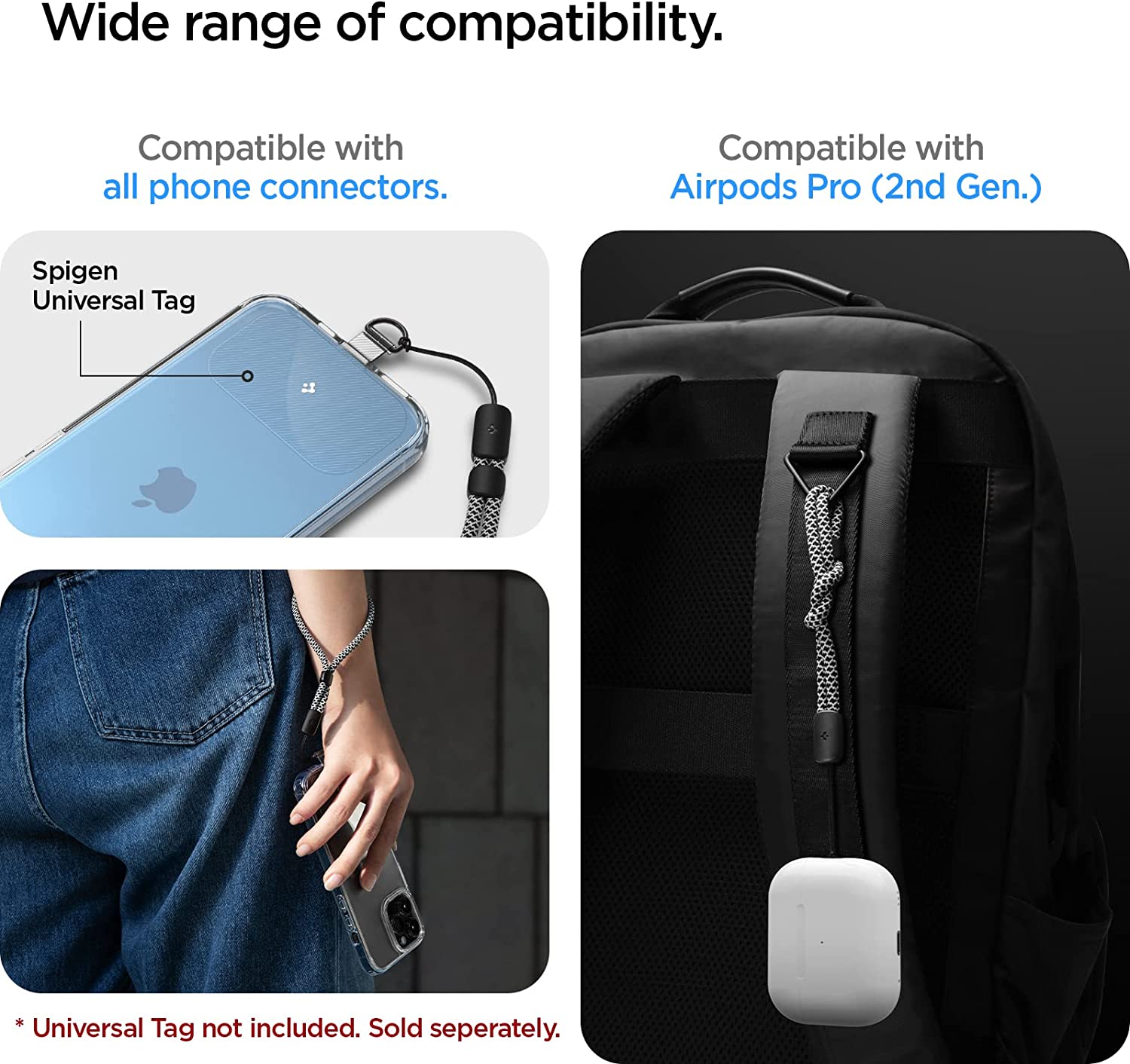 Spigen Universal Adjustable Hand Wrist Strap Phone Lanyard compatible with Apple Airpods Pro (2nd Generation) - Dark Black [2 PACK]