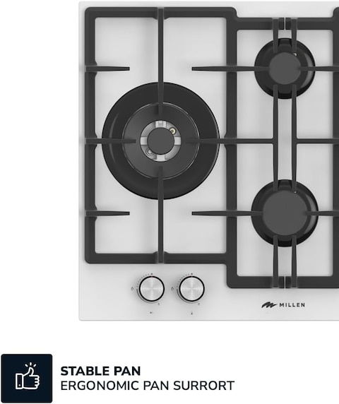 MILLEN 65 cm Built In White Glass Gas Hob with SABAF Burners - 3 Years Warranty, MGHG 6502 WH