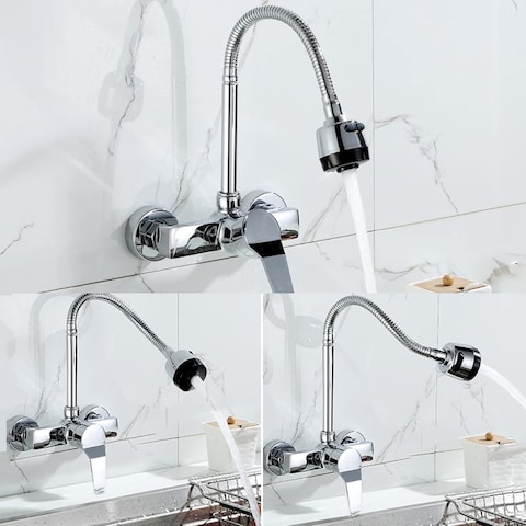 Wall Mounted Mixer Tap Kitchen Sink,2 Spray Modes Hot and Cold Water Tap,2 Hole Kitchen Faucet 360&deg; Swivel Spout,Single Lever Mixer Sink tap for Kitchen