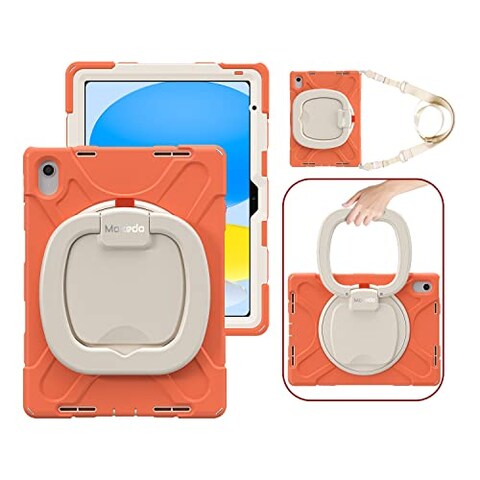 Moxedo Shockproof Rugged Protective Colorful Case with 360 Rotating Kickstand, Shoulder Strap, Pen Holder for Kids Compatible for iPad 10th Generation 10.9 2022 (Living Coral)