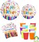 Party Time 48-Pieces Colorful Happy Birthday Party Pack 9" Dinner Paper Plates , 7" Dessert Paper Plates, 9 oz Cups, 2 Ply Napkins - Happy Birthday Party Tableware Set - Colorful Candles &amp; Confetti De