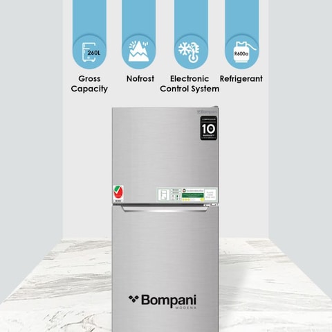 Bompani 260L Gross Capacity Double Door Refrigerators Inox No Frost Recessed Handle R600A Inside Condenser - 1 Year Full &amp; 5 Year Compressor Warranty - BR265SSN Silver
