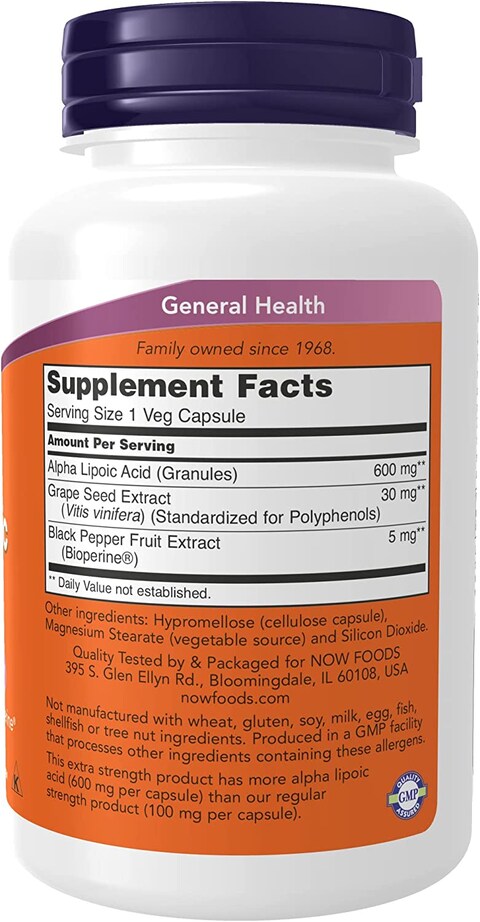 Now Supplements, Alpha Lipoic Acid 600 Mg With Grape Seed Extract &amp; Bioperine, Extra Strength, 120 Veg Capsules