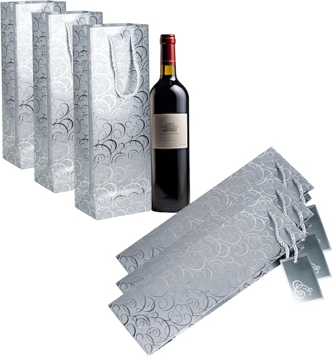 Cuisine Art Wine Bags, Wine Gift Paper Bags Single Bottle Wine Gift Bags Red Wine Tote Bags, 6Pcs 4.7 x 3.9 x 14.2&rsquo;&rsquo; Wine Gift Bags Kraft Paper Wine Bags Bulk with Handles, Pack of 6 Silver