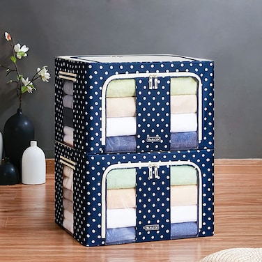 Stackable Storage Box Transparent Nylon Mesh Steel Frame Shelf Quilt Clothing Blanket pillow Shoe Holder Container Organizer See-through Window double zipper Folding (B66L-2PCS)