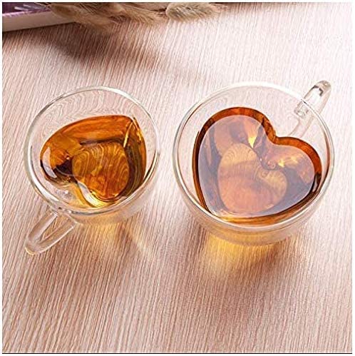 1CHASE&reg; Heart Shaped Double Wall &quot;Love&quot; Printed Glass Mug with Handle for Juice Wine Tea Coffee, Breakfast Cup Cocktail Mug for everyday use, 180 ML ,2Pcs Set.