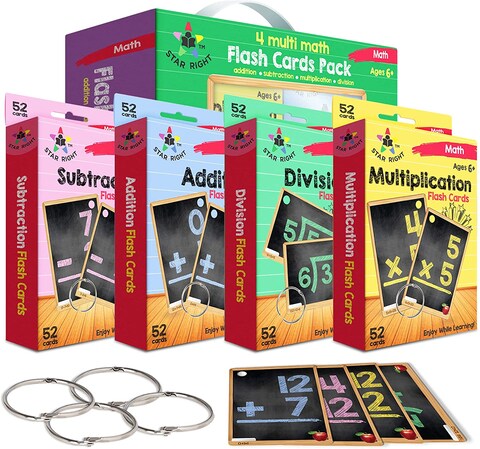 Star Right Multi Math Flashcards Pack, Addition, Subtraction, Multiplication, Division 1 Ring And 52 Hole Punched Cards Per Set 208 Total