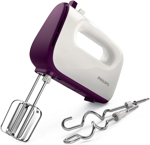 Philips HR3740/11 Viva Collection Hand Mixer -White/Deep Purple, 400W, Stainless Steel Hooks, 5 speeds + turbo, Double Balloon Beater + Kneading tool, UAE Version