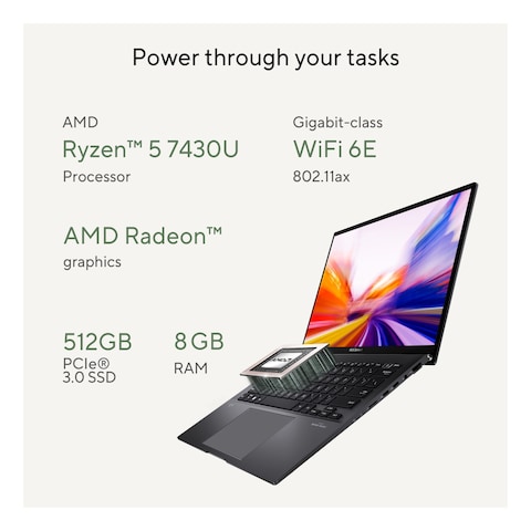 Asus Zenbook 14 OLED UM3402YA-KM766W, AMD Ryzen 5 7430U, 8GB RAM, 512GB SSD, 14-inch 2.8K OLED, Windows 11 Home, Jade Black, English/Arabic