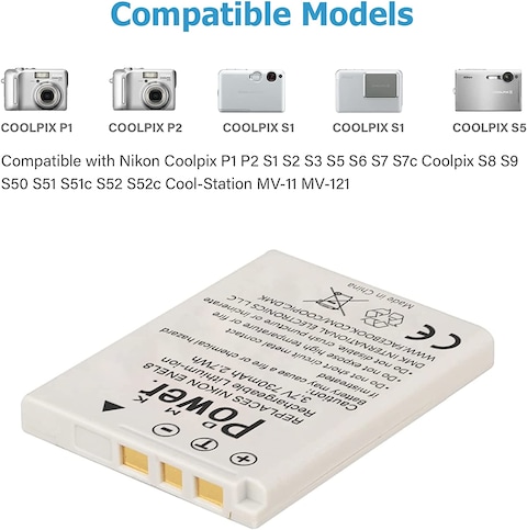 DMK Power EN-EL8 730mAh Camera Battery Compatible with Nikon Coolpix P1 P2 S1 S2 S3 S5 S6 S7 S7c Coolpix S8 S9 S50 S51 S51c S52 S52c Cool-Station MV-11 MV-121