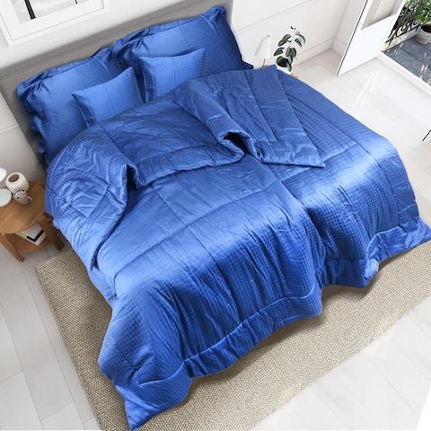 Hotel Linen Klub Deluxe King Comforter 5 PC Set - 100% Cotton 250TC Dobby Jacquard Box Sateen Textured Design, Size: 220 x 240cm, Navy Blue