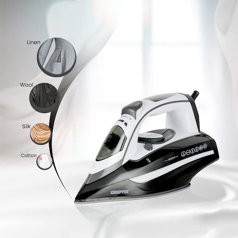 Geepas Ceramic Steam Iron, Temperature Control, Gsi24025 Ceramic Sole Plate, Wet And Dry Self Cleaning Function Powerful Steam Burst 400ML Water Tank 2 Years Warranty, Brown, 3000W